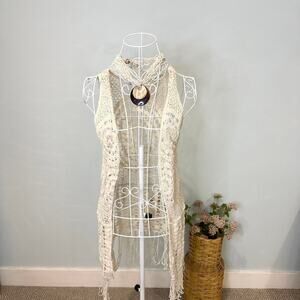 Stunning cream vintage 70s style sheer embroidered lace vest crochet duster